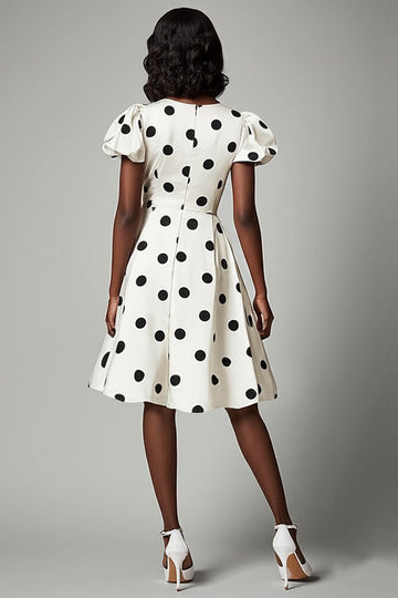 Boho White and Black Satin V-Neck Puff Sleeves Midi Polka Dot Dress